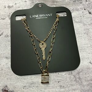 NWT Lane Bryant Gold Pavé Lock & Key Necklace Set